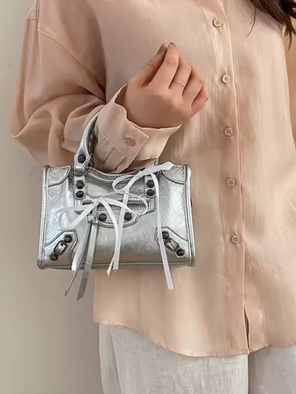 Metallic Silver Mini Shoulder Bag with Lace-Up Detail